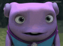 a close up of a purple cartoon character with a blue shirt