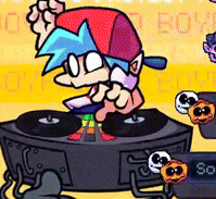 a cartoon character is playing a video game while sitting on a dj mixer .