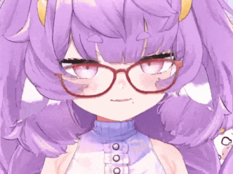 a girl with purple hair and glasses is wearing a blue sweater