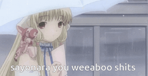 a woman is walking down a street with an umbrella and a caption that says sayonara you weeaboo shits .