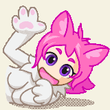 a pixel art drawing of a girl with pink hair and the word meow above her