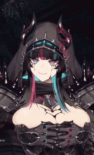 a close up of a girl with horns and a black hood