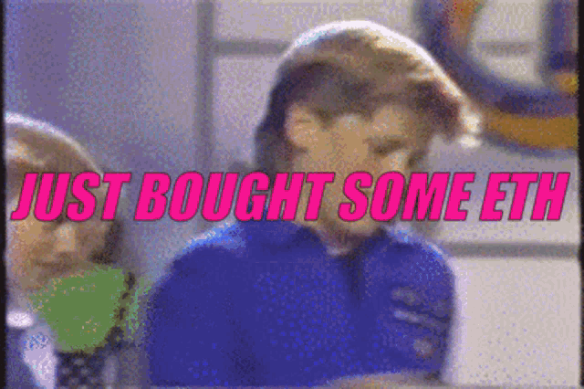 a man in a blue shirt with the words just bought some eth behind him