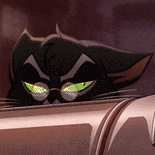 a cartoon cat with green eyes is peeking out from behind a wall