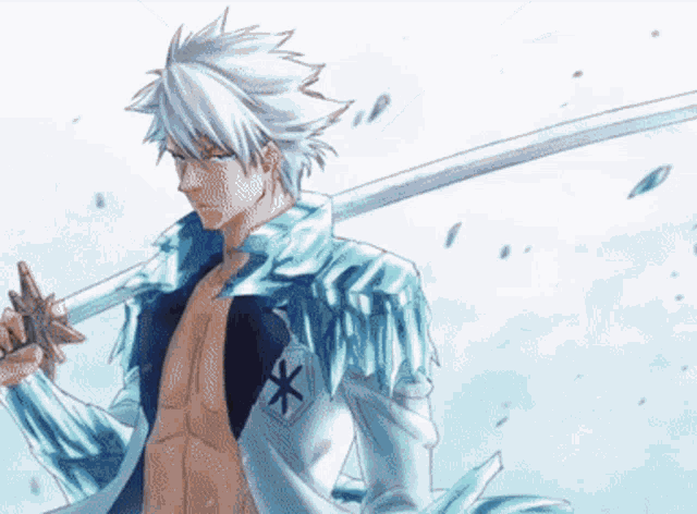 a man with white hair is holding a sword with an x on his chest