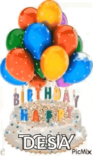a birthday cake with a bunch of balloons on top of it .