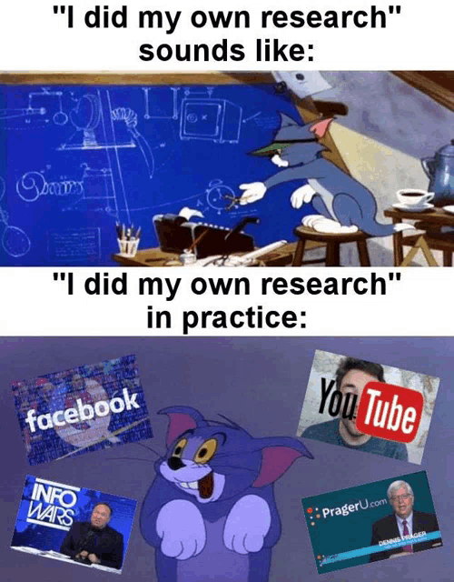 a cartoon of tom and jerry says " i did my own research sounds like "