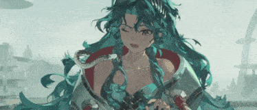 a girl with long blue hair and a snake on her shoulder