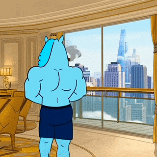 a cartoon character is standing in front of a window