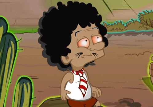 a cartoon drawing of a man with a mustache and curly hair