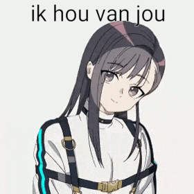 a cartoon of a girl with long hair and the words `` ik hou van jou '' written on the bottom .