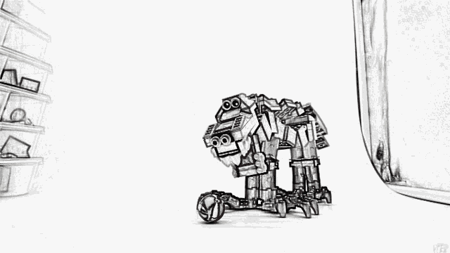 a black and white drawing of a robot with a red item in the middle