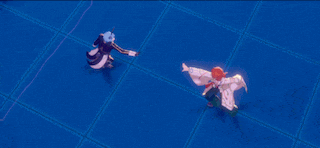 a cartoon character with red hair and blue eyes is waving his hand .