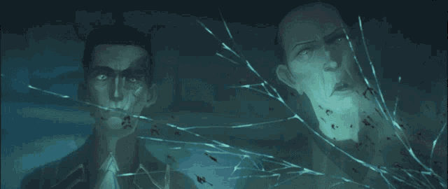 two men are standing in front of a broken window with blood coming out of it