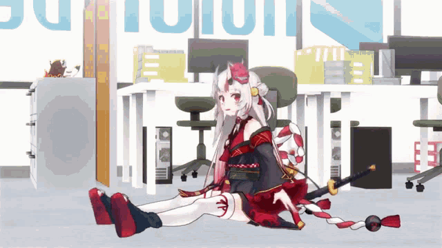 a girl is sitting on the floor with a sword in front of a sign that says ' ui '