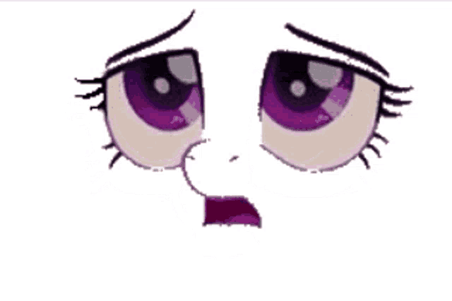 a close up of a cartoon character 's face with purple eyes and a pink nose .