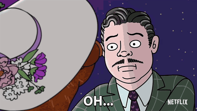 a cartoon of a man with a mustache says " oh "