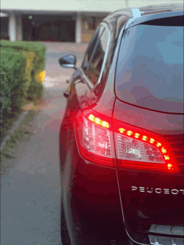 a black peugeot car is parked on a street