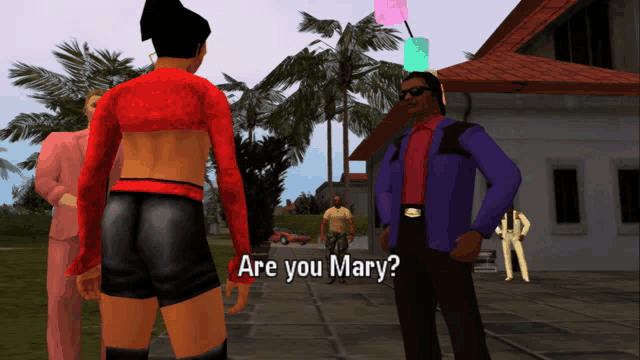 a screenshot of a video game shows a woman asking a man if he is mary