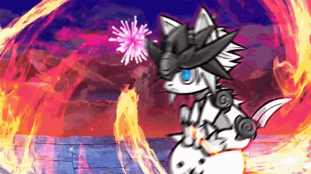 a cartoon drawing of a cat holding a firework display