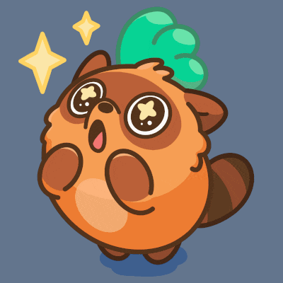 a cartoon illustration of a raccoon with a green leaf on its head