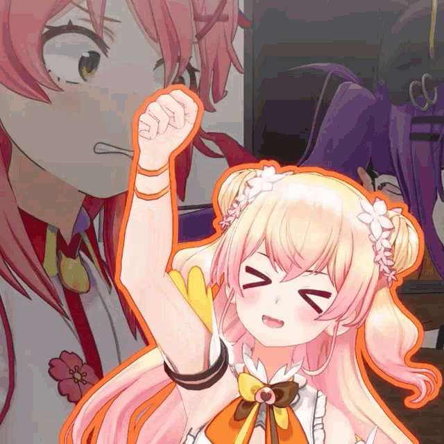 a pink haired anime girl with flowers in her hair holds her fist up in the air