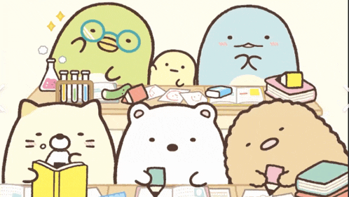 a group of cartoon characters are sitting at a table with books
