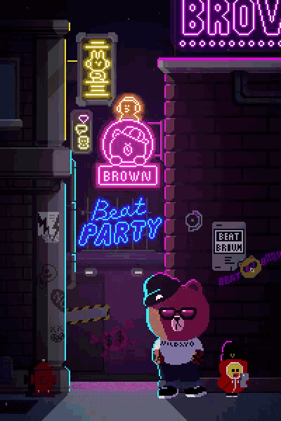 a pixel art drawing of a bear standing in front of a neon sign that says beat party