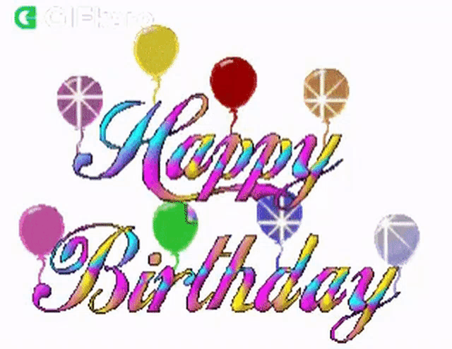 a colorful happy birthday greeting card with balloons and stars