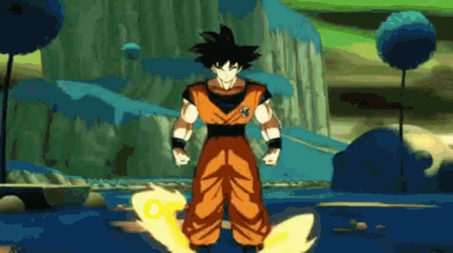 a cartoon character named goku is standing in front of a mountain .