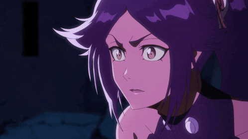 a close up of a purple anime character with a serious look on her face