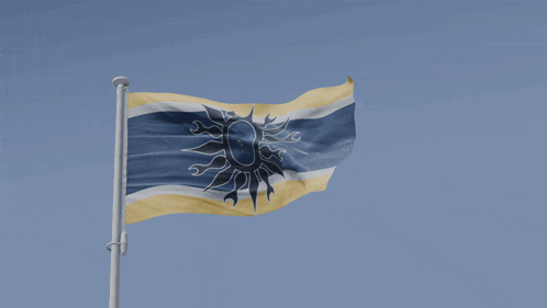 a blue and yellow flag with a sun on it is flying in the wind