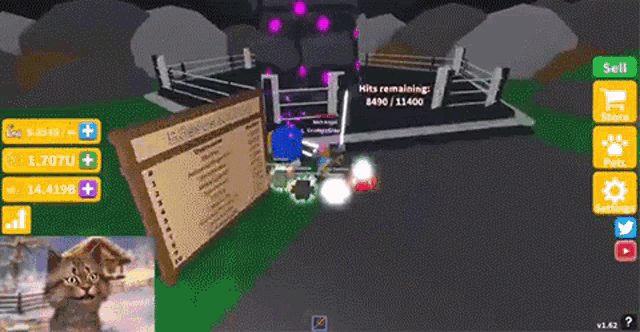a screenshot of a video game with a cat and a sign that says " hits remaining "