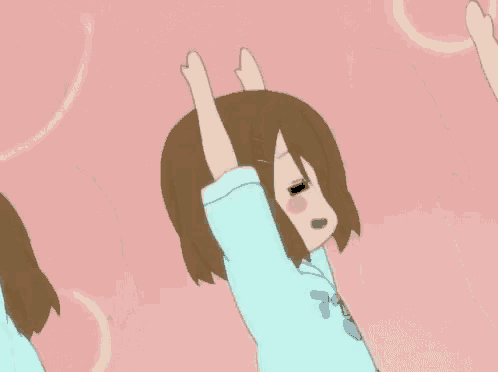 two anime girls with their arms in the air and one has a shirt that says yes on it