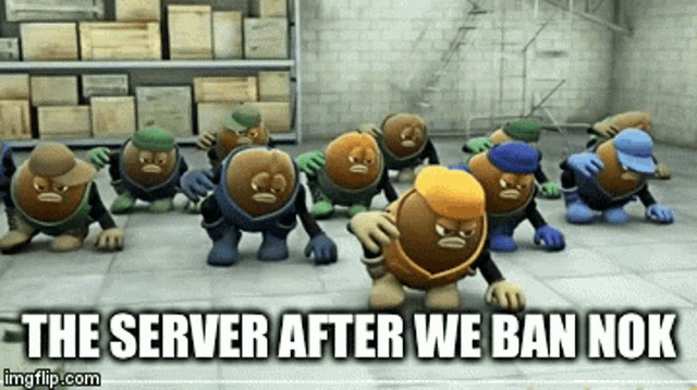 a group of nuts are standing in a room with the words " the server after we ban nok " on the bottom