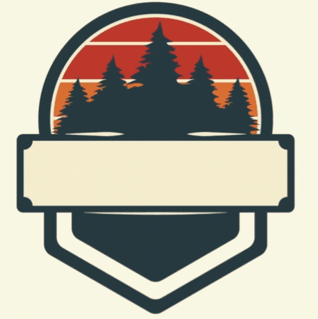 a badge with trees in the background and a sunset in the background