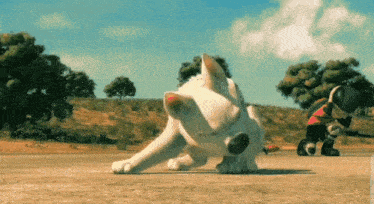a cartoon dog is laying on the ground while a man stands behind it