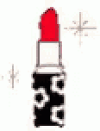 a pixel art illustration of a red lipstick in a black and white container .
