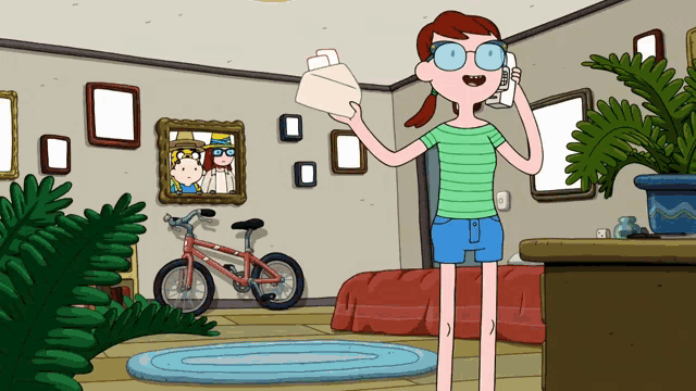 a cartoon character is talking on a phone while holding an envelope in her hand