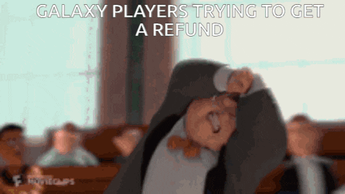 galaxy players trying to get a refund with a man in a suit and tie