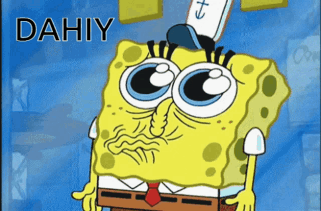 a cartoon of spongebob with the word dahiy on the bottom right