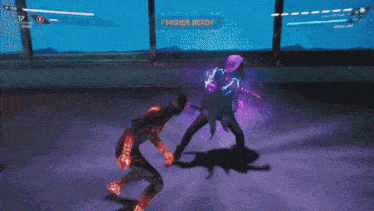a person is playing a video game with a purple background