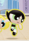 a cartoon character from the powerpuff girls is flying through the air .