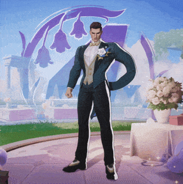 a man in a tuxedo is standing in front of a table with flowers