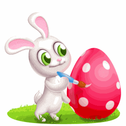 a bunny is holding a brush and painting a pink egg with white polka dots