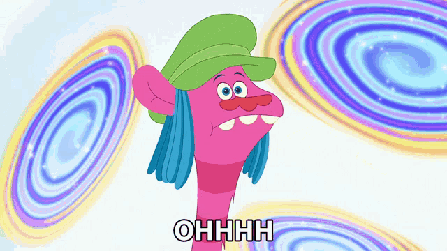 a troll with a green hat is surrounded by swirls and says ohhhh