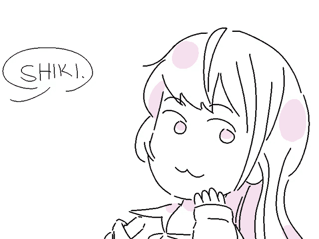 a drawing of a girl with long pink hair and a speech bubble that says shiki .