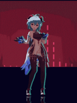 a cartoon character with horns and blue hair is standing in front of a red background
