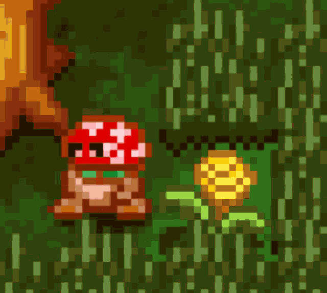 a pixel art of a mushroom and a flower in the grass