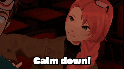 a cartoon character says calm down in front of a woman